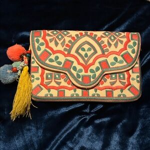 Boho Chic Embroidered Clutch with Pom-Poms